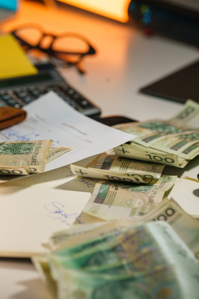 Mastering the First Impression: Your intriguing post title goes here Scattered Polish zloty banknotes with financial documents on an office desk.